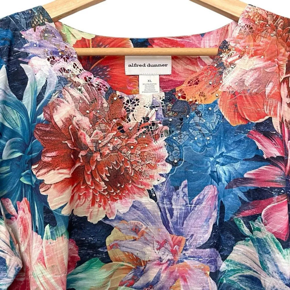 Alfred Dunner Floral Lace 3/4 Sleeve Top Rhinestones Boho Multicolor Size XL - Picture 4 of 7